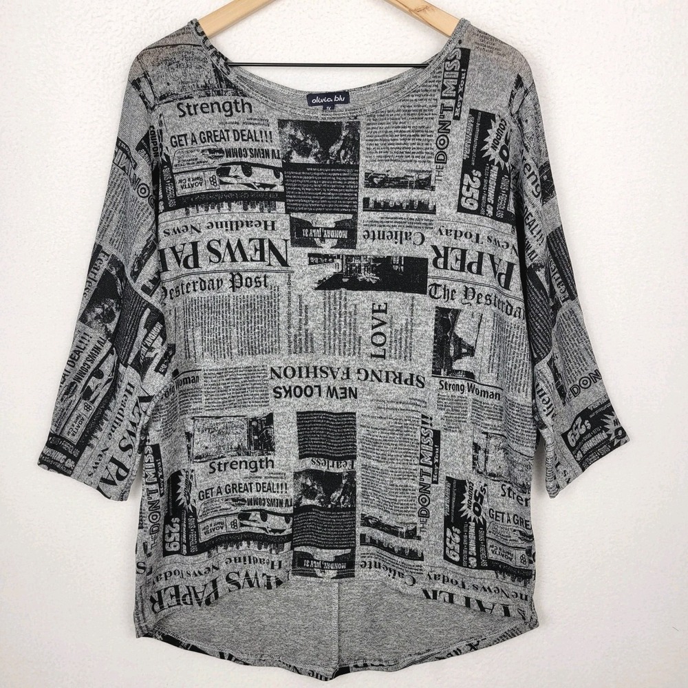 Olivia Blu Graphic Newspaper Print Dolman Tunic Top Women's 1X‎ Gray Black Artsy